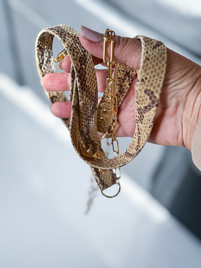 Muse Chain Leash - Luxury Leather Snake Print Dog Leash with Gold Plaited /Silver Stainless Steal Chain
