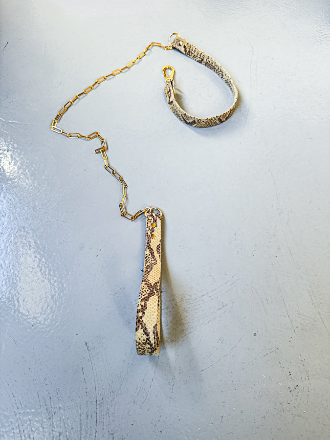 Muse Chain Leash - Luxury Leather Snake Print Dog Leash with Gold Plaited /Silver Stainless Steal Chain