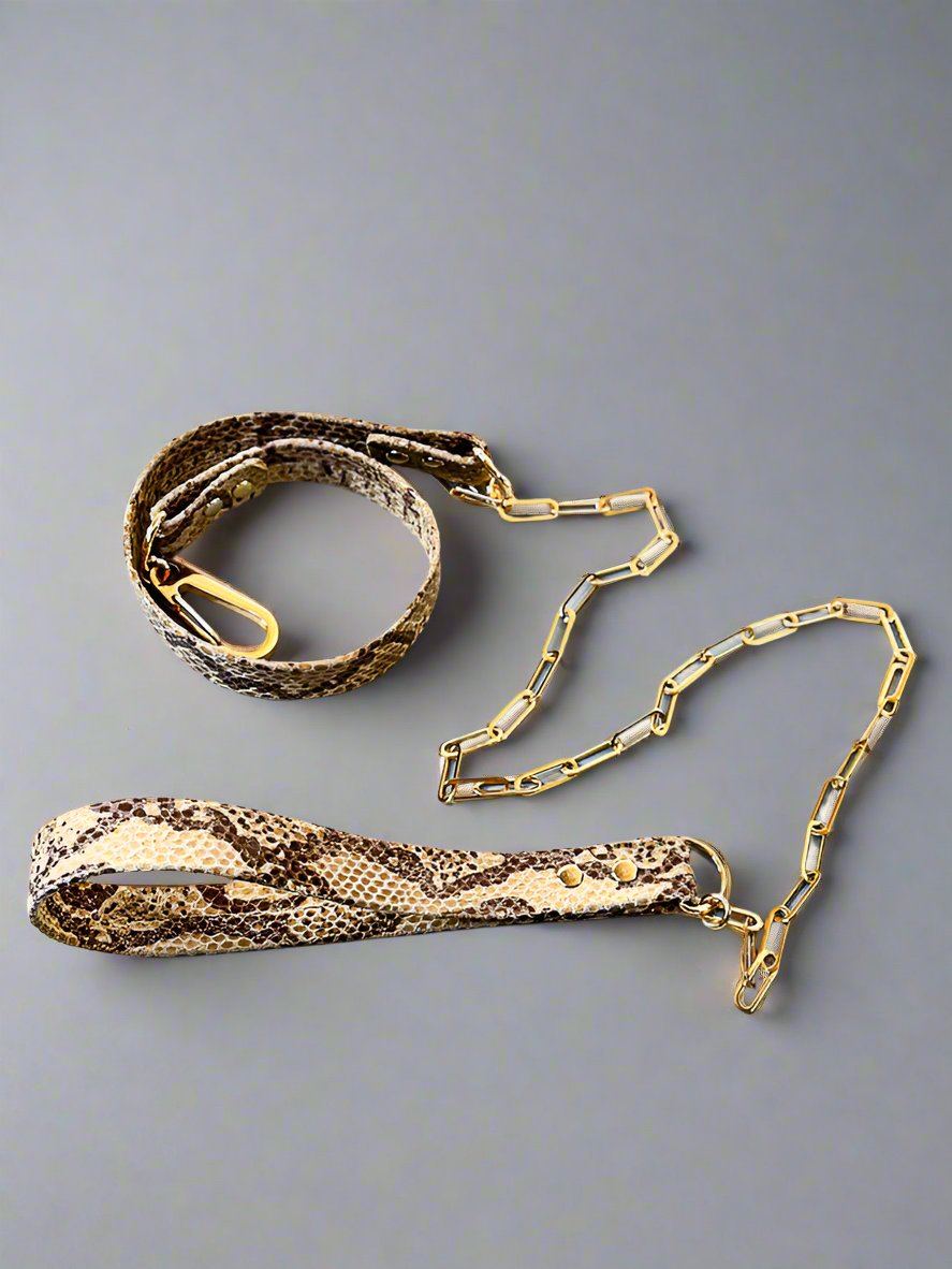Muse Chain Leash - Luxury Leather Snake Print Dog Leash with Gold Plaited /Silver Stainless Steal Chain
