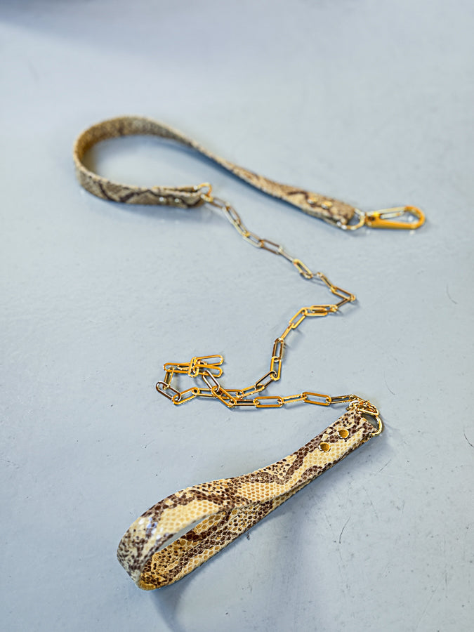 Muse Chain Leash - Luxury Leather Snake Print Dog Leash with Gold Plaited /Silver Stainless Steal Chain