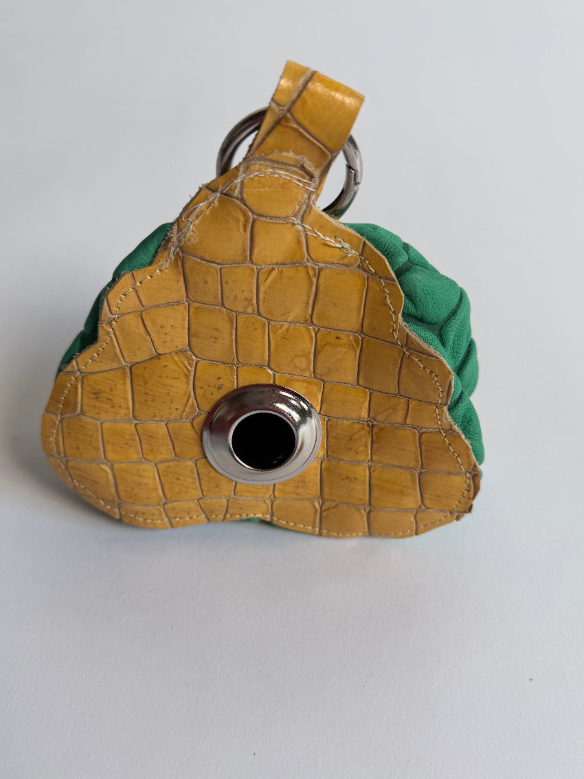 Le-Poop-Sac-Poop-bag-dispenser-from-Muse-Et-Moi-front-view-yellow-green-from-leftover-leather-scraps