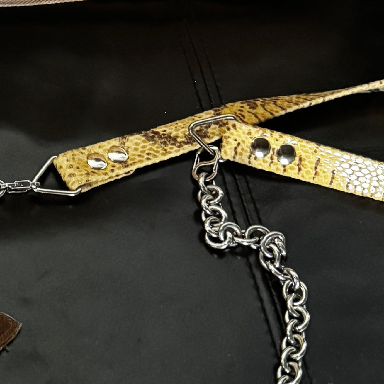 Muse Chain Leash - Luxury Leather Snake Print Dog Leash with Gold Plaited /Silver Stainless Steal Chain