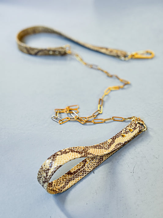 Muse Chain Leash - Luxury Leather Snake Print Dog Leash with Gold Plaited /Silver Stainless Steal Chain