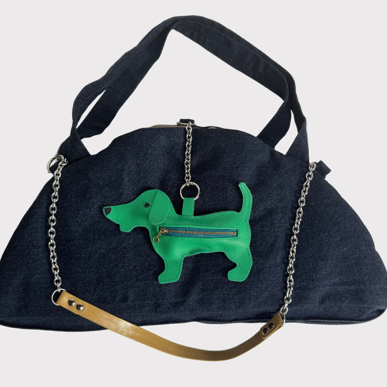 Dark denim tote bag with a chain+leather strap and little dog charm /poop bag dispenser.