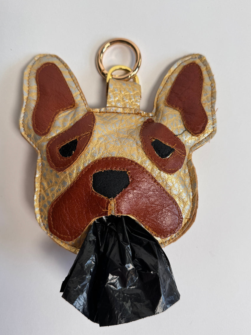 Pardon-My-Frenchie-Waste-bag-dispenser-from-Muse-Et-Moi-Frenchie-Head-beige-brown-front-with-waste-bag-
